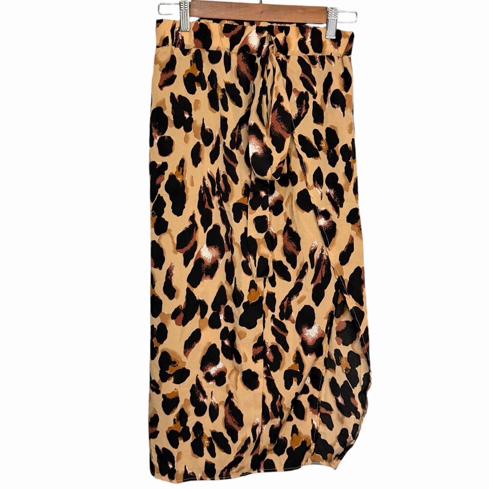 Leopard Print Pull On Skirt Womens M Brown Cover Up Lightweight Slit Midi Boho